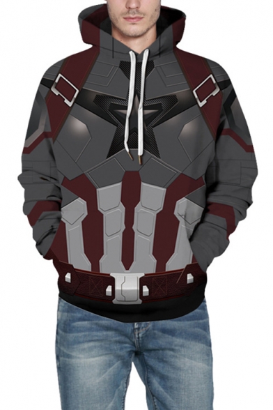 Cool 3D Armour Printed Loose Fitted Grey Pullover Drawstring Hoodie