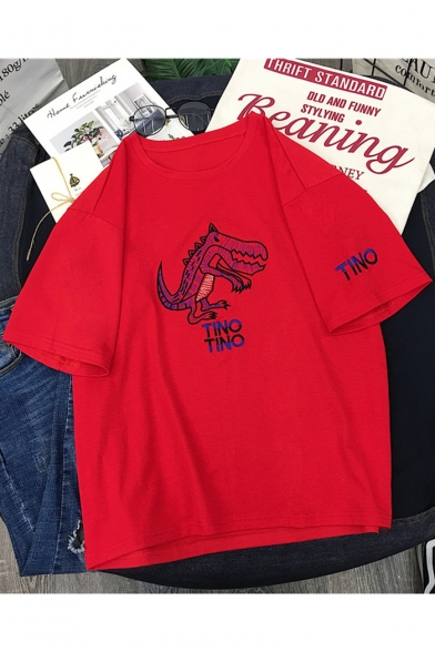 Cute Cartoon Dinosaur Letter Printed Short Sleeve Summer Relaxed T-Shirt