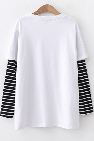 Cute Cartoon Network Printed Striped Patched Long Sleeve Cotton Casual T-Shirt