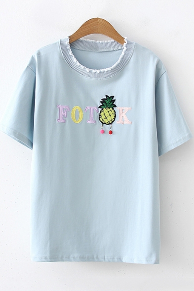 Cute Simple Letter Pineapple Embroidered Ruffle Round Neck Short Sleeve T-Shirt