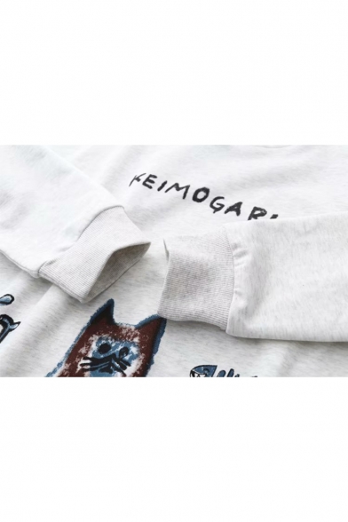 Denim Patched Lapel Collar Long Sleeve Cartoon Cat Letter Print Pullover Sweatshirt