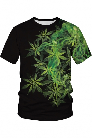Fashion 3D Green Smoke Weed Printed Round Neck Short Sleeve Black Loose T-Shirt