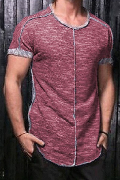 Fashion Contrast Piping Frayed Hem Short Sleeve Round Neck Slim Fit T-Shirt for Men
