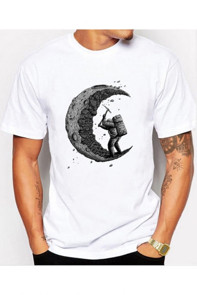 Funny Astronaut Moon Pattern Men's Short Sleeve Casual White T-Shirt
