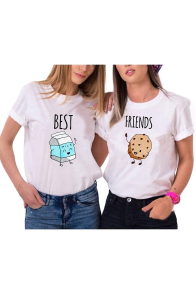 Funny Cartoon Milk Cookie Letter BEST FRIENDS Printed Casual Short Sleeve T-Shirt for Friends