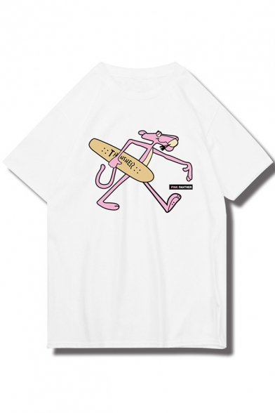 Funny Cartoon Skater Pink Panther Print Men's Cool Loose Fit Cotton T-Shirt