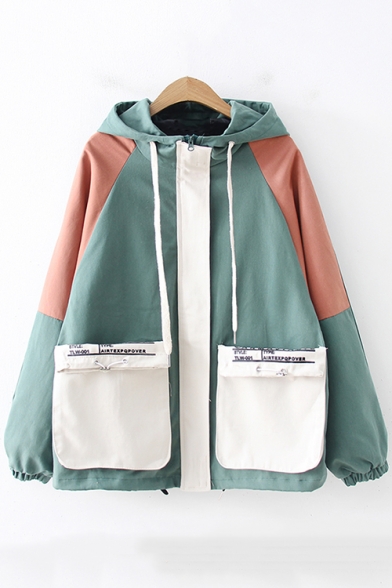Girls Fashion Colorblock Letter Embroidered Flap Pocket Zip Up Hooded Windbreaker Coat