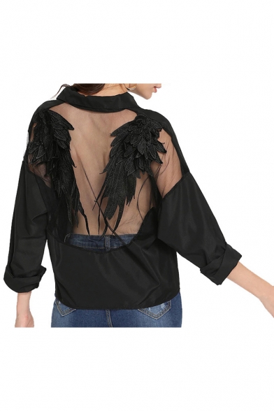 Hot Trendy Feather Wing Embellished Sheer Back Long Sleeve Lapel Collar Button Down Knot Front Cropped Black Shirt