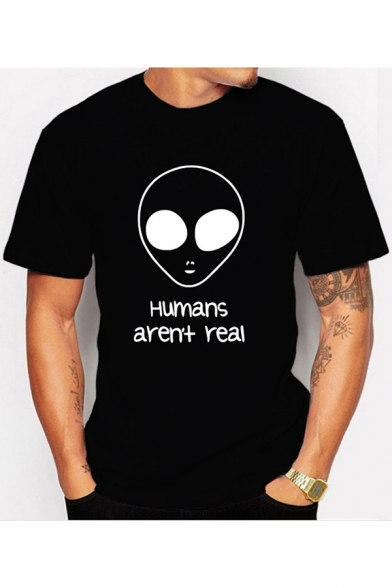 Letter HUMANS AREN'T REAL Alien Print Classic-Fit Black T-Shirt
