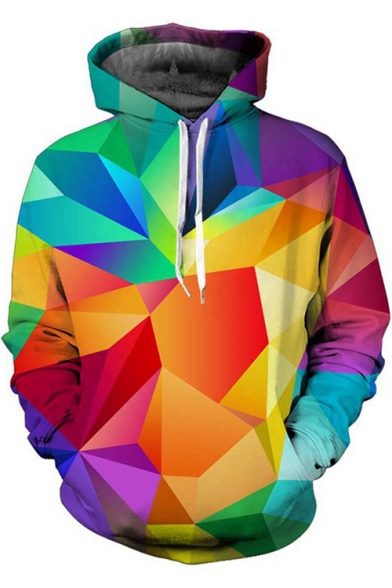 Men's 3D Colorful Geometric Printed Long Sleeve Loose Fit Pullover Hoodie