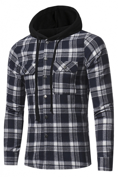 Men's Classic Check Pattern Long Sleeve Flap Pocket Chest Button Down Fitted Jacket Hoodie