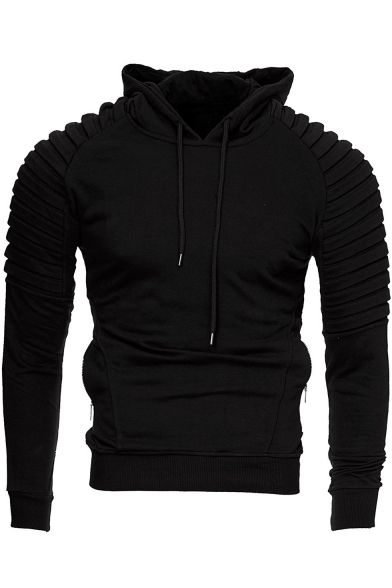Men's Unique Solid Pleated Long Sleeve Side Zip Embellished Fitted Drawstring Hoodie