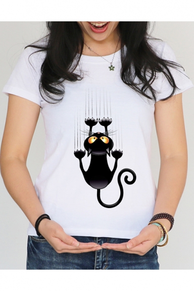 New Arrival Funny Cartoon Black Cat Printed Round Neck Short Sleeve White T-Shirt