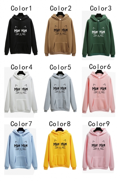 Novelty Long Sleeve Cartoon Cat Letter MEW Printed Warm Thick Drawstring Hoodie