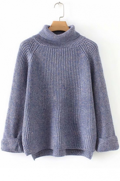 Plain Long Sleeve Turtleneck High Low Cozy Plush Sweater