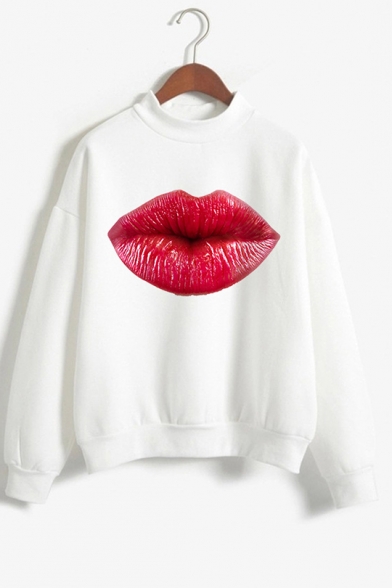 Sexy Red Lip Pattern Long Sleeve Mock Neck White Pullover Sweatshirt