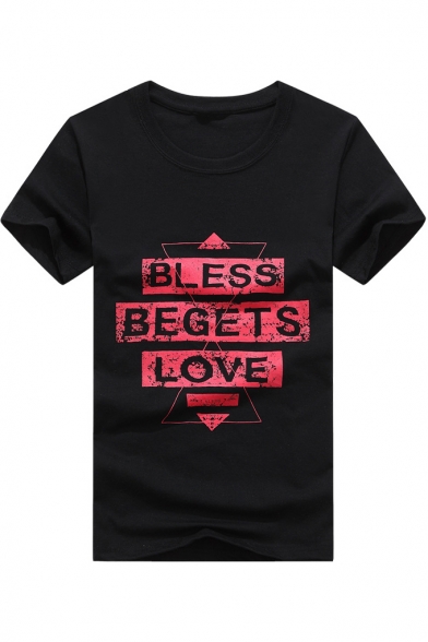 Simple Letter BLESS BEGETS LOVE Print Round Neck Short Sleeve Loose Casual Cotton Graphic Tee
