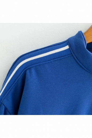 Stand Collar Half-Zip Long Sleeve Striped Printed Casual Loose Cropped Sweatshirt
