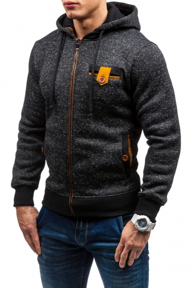 Stylish Button Embellished Chest Long Sleeve Heather Grey Full Zip Fitted Fleece Hoodie