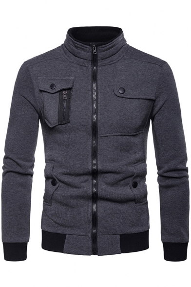Stylish Contrast Trimmed Long Sleeve Stand Collar Multi-Way Zip Pocket Embellished Zip Up Fitted Sweatshirt