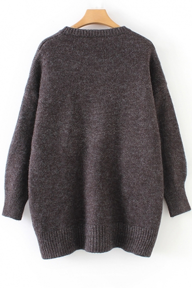 Stylish Long Sleeve Round Neck Plain Split Side Warm Sweater