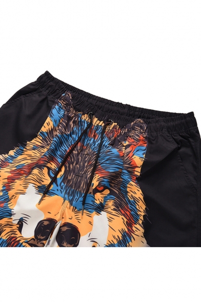 Summer Creative Wolf Head Printed Drawstring Waist Quick Dry Black Surf Swim Trunks with Pockets