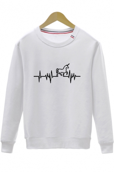 Trendy Electrocardiogram Unicorn Blue and Red Striped Round Neck Long Sleeve Regular Fitted Sweatshirt