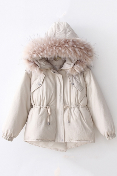 Trendy Fur-Trimmed Hood Long Sleeve Drawstring Waist Warm Thick Cotton Padded Coat