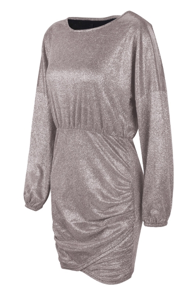 Trendy Round Neck Long Sleeve Mini Sheath Silver Dress for Women