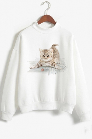White Cat Printed Long Sleeve Mock Neck Casual White Sweatshirt