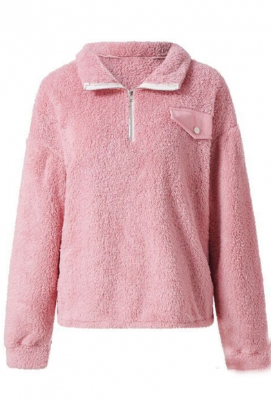Women's Fashion Pink Warm Fluffy Stand-Collar Half-Zip Pink Plain Sweatshirt