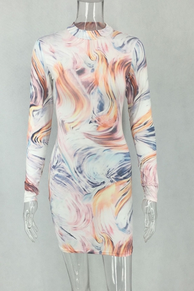 Women's Fashion Tie Dye Tornado Printed Long Sleeve Stand-Collar Bodycon Mini Dress