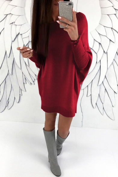 Women's New Trendy Round Neck Batwing Long Sleeve Solid Mini Shift Sweater Dress