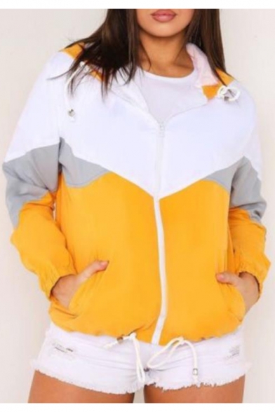 Women's Trendy Fashion Colorblock Drawstring Hem Long Sleeve Zip Up Hooded Track Coat