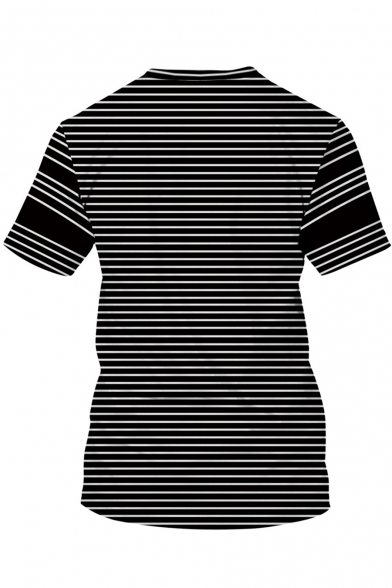 3D Lovely Dog Pinstriped Print Crewneck Short Sleeve Black T-Shirt
