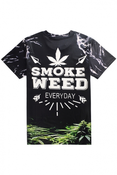 Cool 3D Letter SMOKE WEED Graphic Printed Crewneck Short Sleeve Black Fit T-Shirt