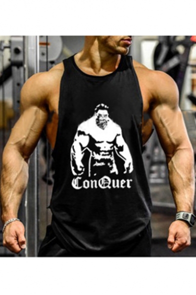 Cool The Hulk Letter CONQUER Printed Men's Cotton Low-Cut Bodybuilding Muscle Bro Tank Top