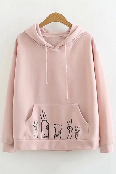 Cute Cartoon Animal Claw Embroidered Pocket Long Sleeve Pullover Rabbit Ear hoodie