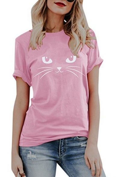 Cute Cartoon Cat Printed Short Sleeve Round Neck Tee for Girls