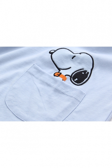 Cute Cartoon Snoopy Pocket Basic Round Neck Short Sleeve Cotton Casual T-Shirt for Students