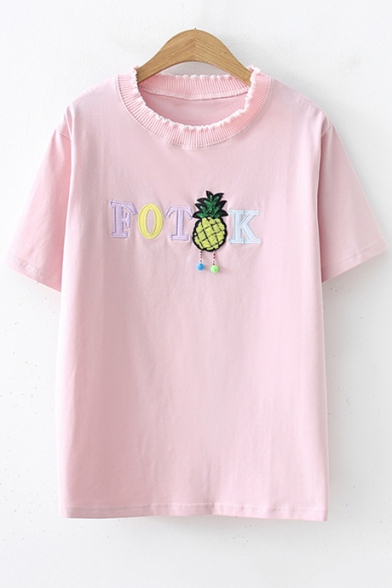 Cute Simple Letter Pineapple Embroidered Ruffle Round Neck Short Sleeve T-Shirt