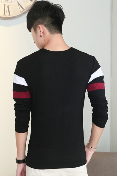 Fashion Colorblock Striped Print Round Neck Long Sleeve Button Front Casual Fitted T-Shirt