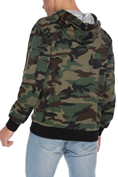 Fashion Zip-Embellished Long Sleeve Trendy Camouflage Printed Regular Fit Hoodie