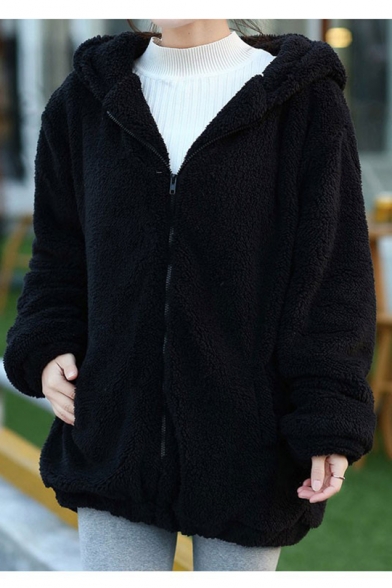 Fleece Warm Long Sleeve Zip Front Plain Bunny Ear Design Hooded Coat