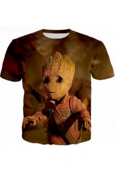 Hot Popular 3D Comic Character Print Short Sleeve Brown T-Shirt