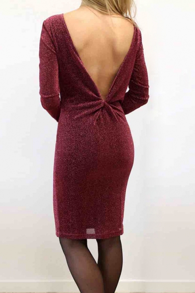Hot Popular Long Sleeve Round Neck Plain Twist Open Back Bodycon Mini Dress