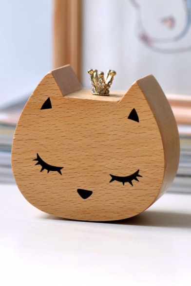 Lovely Cartoon Cat Crown Design Khaki Wooden Music Box for Gift