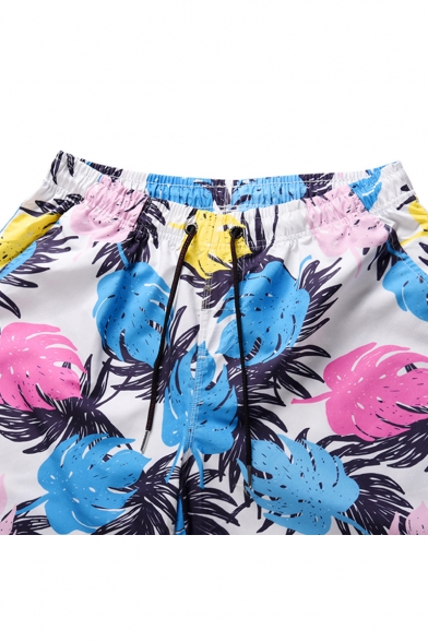 Men's Beach Fashion Tropical Plants Printed Drawstring Waist Loose Swim Trunks with Liner