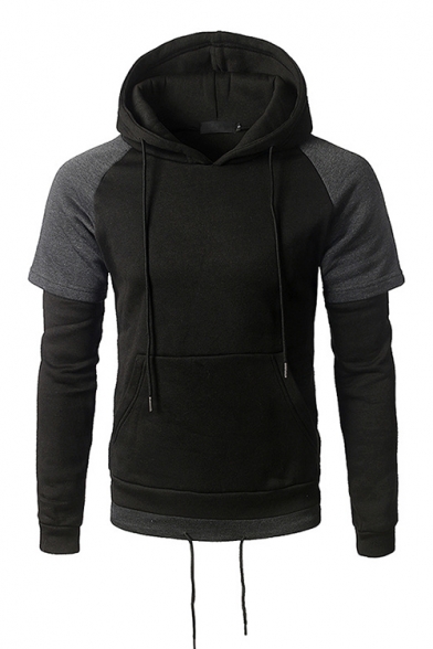 Men's Fashion Colorblock Patched Long Sleeve Raglan Sleeve Regular Fitted Drawstring Hoodie