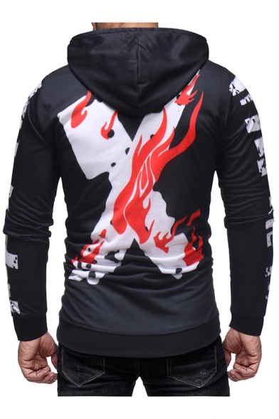 Men's Fashion Unique Fire Letter X Print Long Sleeve Slim Fitted Black Hoodie